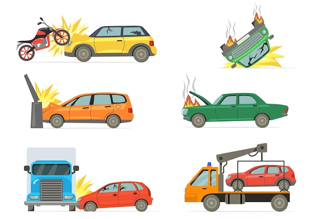 Free Vector | Car crashes set. road accident with burning car ...