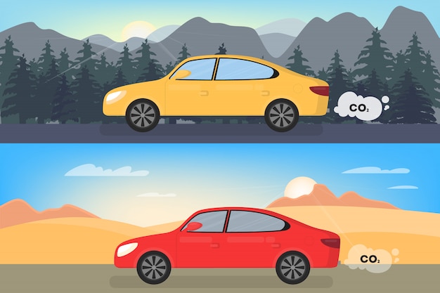 車は二酸化炭素を排出します Co2による大気汚染 有毒な煙と生態の危険の概念 道路に乗る自動車 漫画のスタイルのイラスト プレミアムベクター