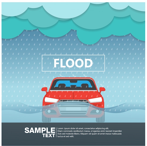 車の正面から見た洪水梅雨ベクトルイラスト プレミアムベクター
