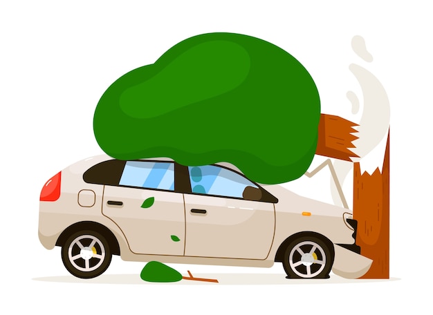 車が木にぶつかった スピードドライブのため 孤立した車がバンパーで木にぶつかった 白い背景の上の正面フード損傷交通事故リスク保険イラスト プレミアムベクター