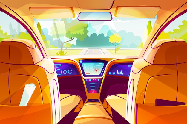 Free Vector Car Inside Illustration Of Smart Autonomous Automobile Cartoon Design Of Vehicle Dashboard