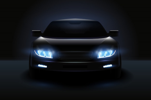 車は薄暗いヘッドライトと影の図で自動車の暗いシルエットとライトの現実的な構成を導いた 無料のベクター