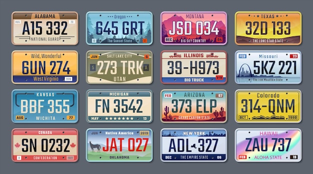 車のプレート さまざまな州のアメリカの登録番号 車両のナンバープレート ベクトル分離イラスト プレミアムベクター