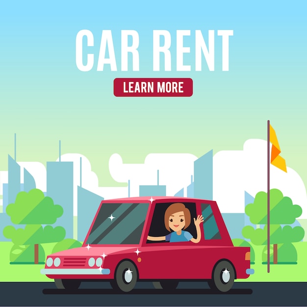 レンタカーポスターのコンセプトです 赤い車の漫画スタイルのベクトルの女の子 自動車賃貸事業 自動車輸送広告イラスト プレミアムベクター
