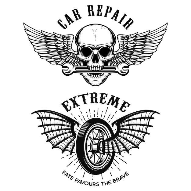 車の修理のエンブレム 翼付きホイール 翼とレンチの頭蓋骨 ロゴ ラベル エンブレム 記号 バッジ Tシャツの要素 図 プレミアムベクター
