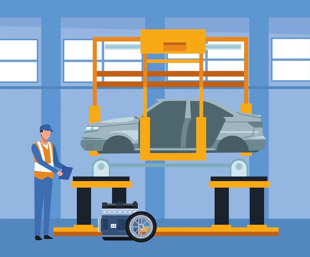 Premium Vector Car Repair Shop Scenery With Mechanic Standing And Machine With Car Lifted And Car Parts