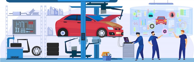 車のサービス 専門的なメンテナンスと診断 現代の技術 イラストを使用している人々 プレミアムベクター