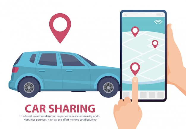 カーシェアリング レンタカーオンラインモバイルアプリwebページのコンセプト 地図のイラストで車両を見つけます 青い自動車 スマートフォン 手 プレミアムベクター