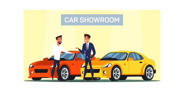 Premium Vector Car Showroom Illustration Man Buying New Luxury Vehicle Car Dealership Service Auto Buyer And Seller Cartoon Characters Shop Consultant Helping Customer Choosing Automobile