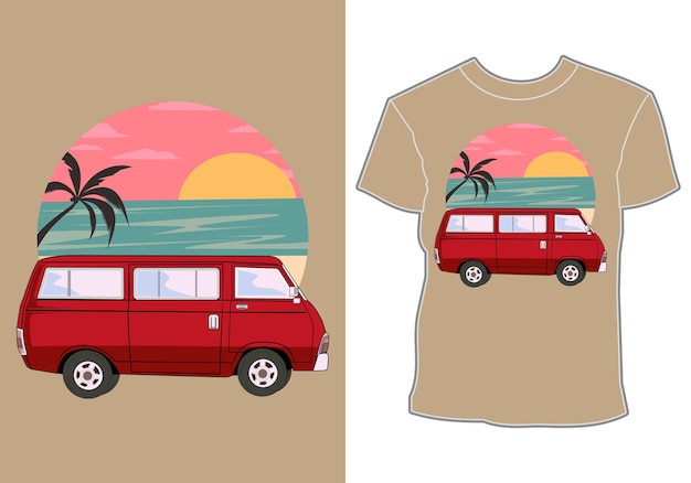 車夏サンセットビーチ海自然ライングラフィックイラストアートtシャツデザイン プレミアムベクター