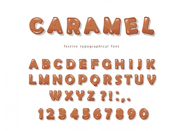 Download Caramel font design. sweet glossy abc letters and numbers | Premium Vector