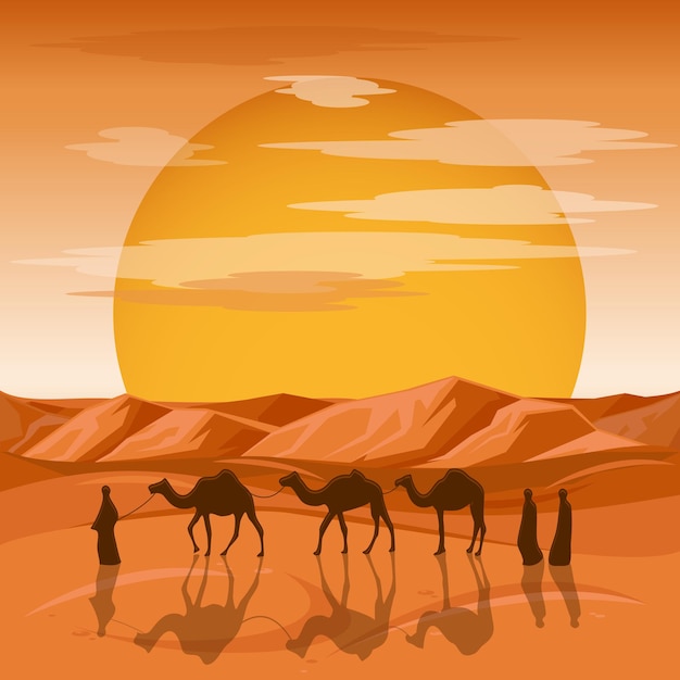 砂漠の背景のキャラバン 砂浜のアラブ人とラクダのシルエット ラクダとキャラバン ラクダのシルエット砂砂漠への旅行イラスト 無料のベクター