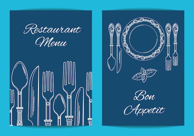 絶妙な手描き食器のイラストとレストランやカフェのメニューのカード チラシテンプレート プレミアムベクター