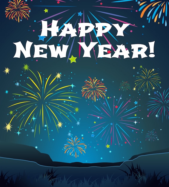 Card template for New Year with firework background Vector Free Download