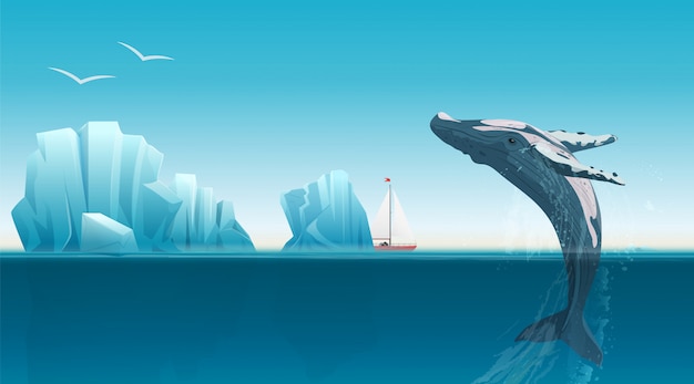 氷山の近くの青い海の表面の下でジャンプするクジラのカードテンプレート プレミアムベクター