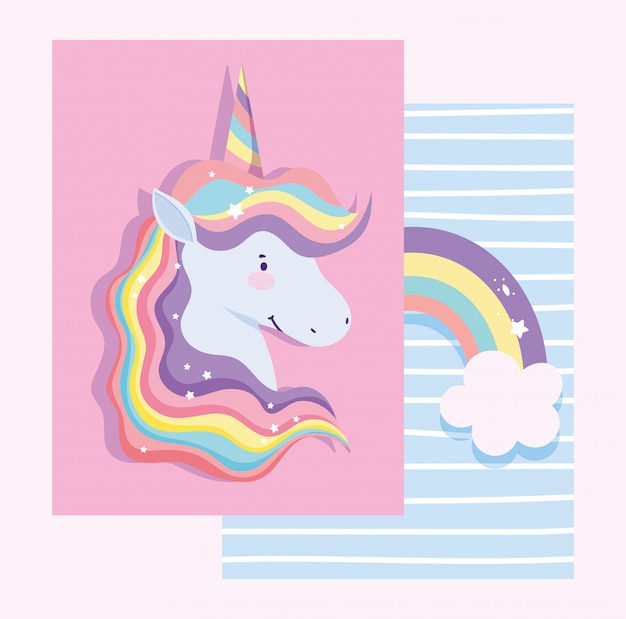 虹の髪のユニコーンと雲の虹のカード プレミアムベクター
