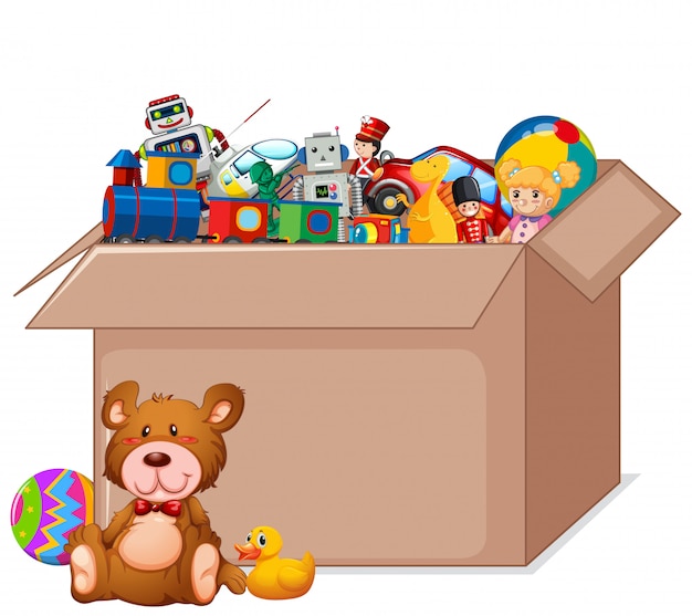 Free Vector | Cardboard box full of toys on white