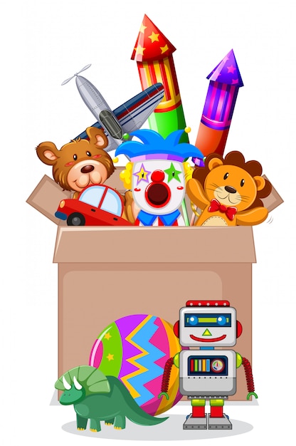 Free Vector | Cardboard box full of toys on white
