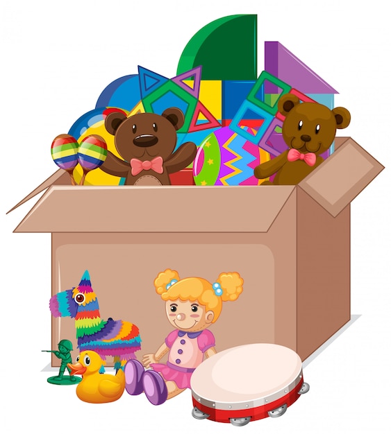 Cardboard box full of toys on white | Free Vector