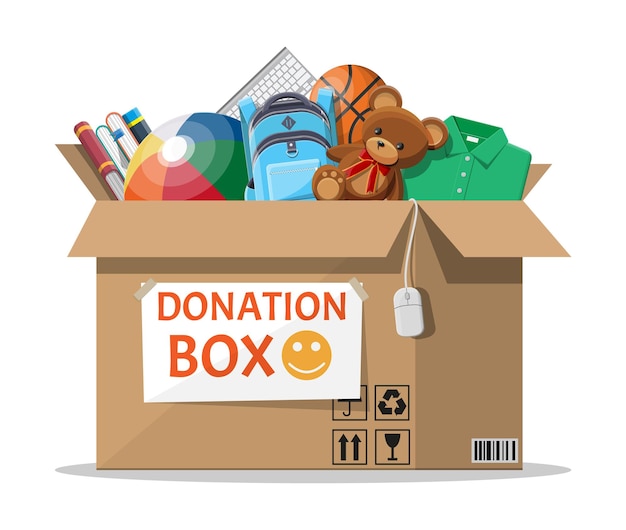 Premium Vector | Cardboard donation box full of toys and books