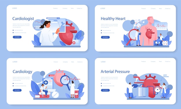 心臓専門医のwebバナーまたはランディングページセット 心臓のケアと医療診断のアイデア 医師は心臓病を治療します 内臓外科医 漫画スタイルの孤立した イラスト プレミアムベクター
