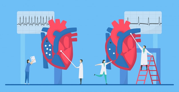 循環器のイラスト この心臓病の問題は頻脈性不整脈です 異常信号と正常信号の左から右への比較 小さなフラットデザイン プレミアムベクター