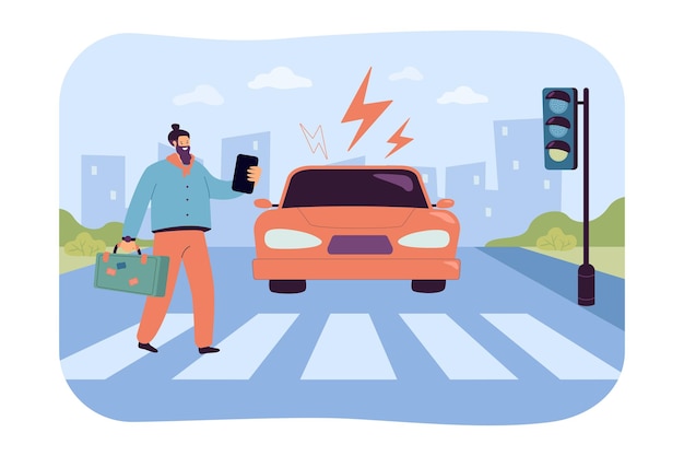 横断歩道で電話を見ている不注意な歩行者 緑の信号で横断歩道の男に向かって車を運転 事故の危険性フラットイラスト 無料のベクター