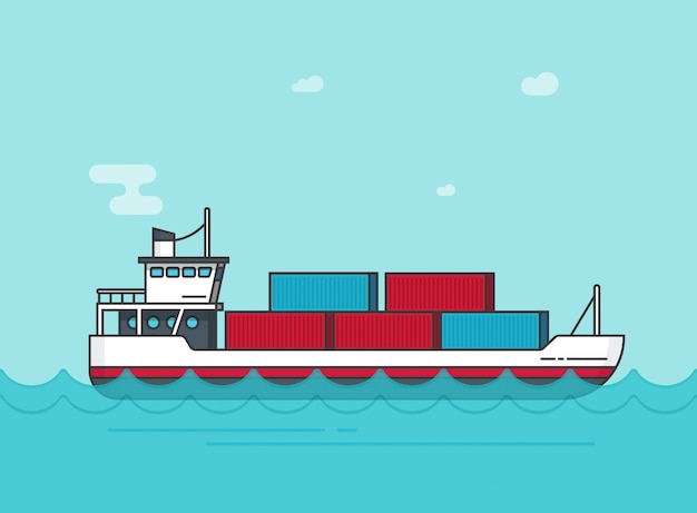 貨物船やフラット漫画の海の水のイラストに浮かぶ船 プレミアムベクター