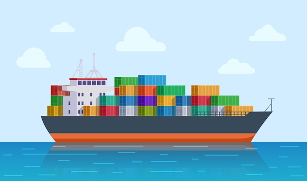 貨物船 船舶港 タンカー輸送の輸出入 国際海上ロジスティック 海上輸送と配達のイラスト 船舶 貨物産業輸送 プレミアムベクター
