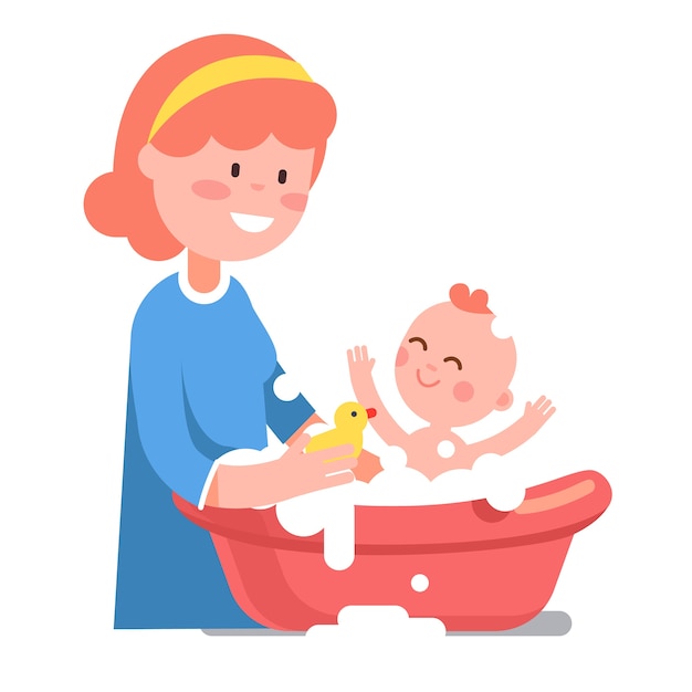 Caring smiling mother washing her baby child Free Vector