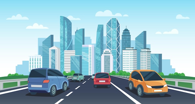 町への高速道路の車 都市道路の透視図 車と車の旅行ベクトル漫画イラストと都市の風景 高層ビルや近代的な建物のあるメガロポリスに向かって走る自動車 プレミアムベクター