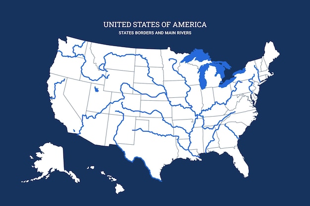 Premium Vector Cartographic Map Of United States Of America With Rivers Lakes And State Lines 1889