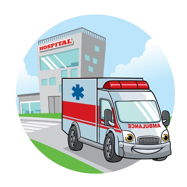 Premium Vector | Cartoon ambulance car with hospital building on the ...