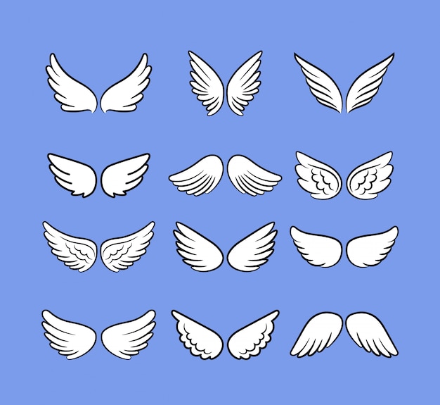 漫画の天使の羽セット 白で隔離される手描きの翼 漫画鳥や天使スケッチアイコン プレミアムベクター