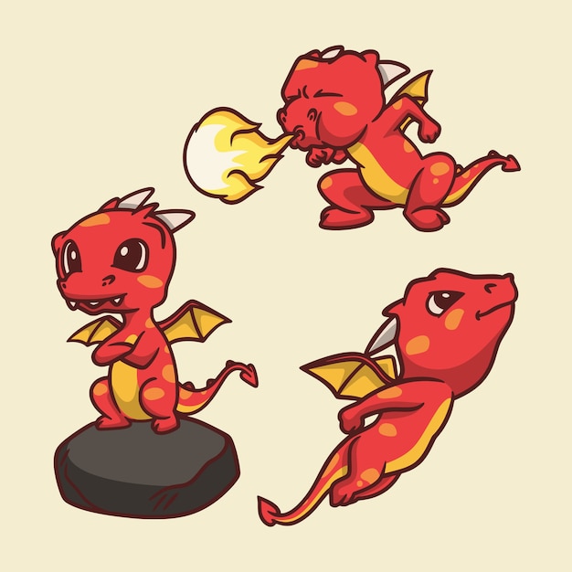 漫画の動物のデザインのドラゴンが岩の上に立って 火を吐き かわいいマスコットのイラストを飛んでいた プレミアムベクター