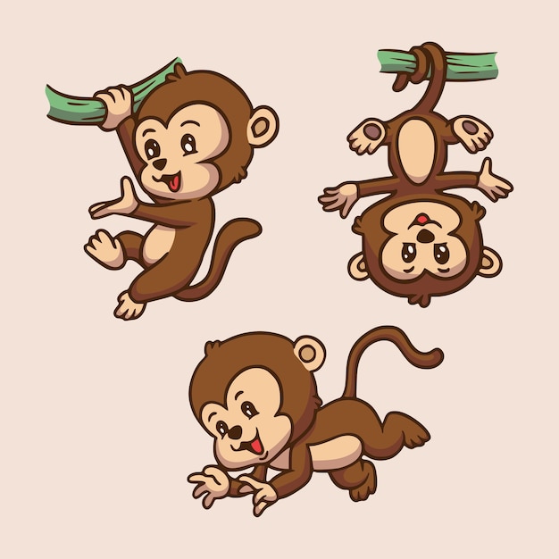 漫画の動物のデザインの猿が木の幹からぶら下がっていて かわいいマスコットのイラストをジャンプしていました プレミアムベクター