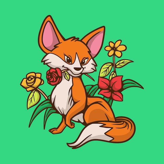 花を噛む漫画の動物キツネかわいいマスコットのロゴ プレミアムベクター