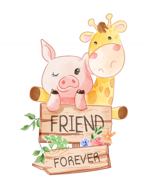 Premium Vector Cartoon Animal Friends With Wooden Sign Illustratioin