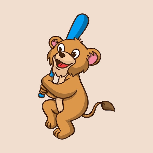 野球のかわいいマスコットのロゴを遊ぶ漫画の動物の子供ライオン プレミアムベクター