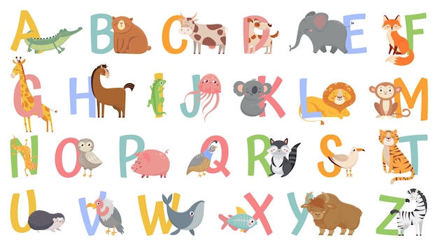 子供のための漫画の動物のアルファベット 子供のための面白い動物 動物園abc 英語のアルファベットで文字を学ぶ プレミアムベクター