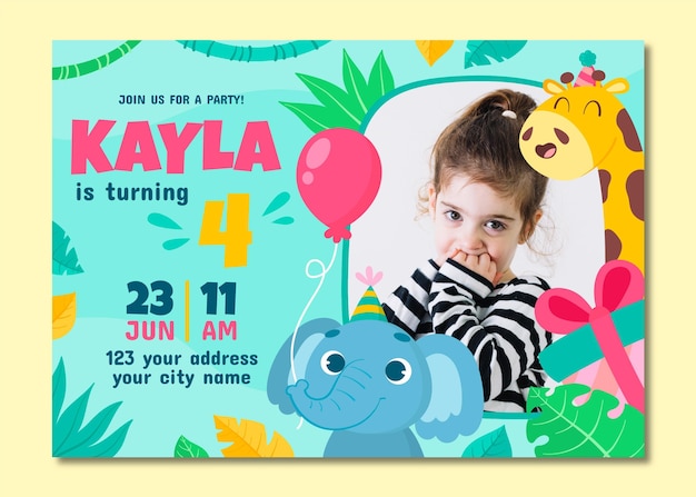 Free Vector | Cartoon animals birthday invitation template with photo