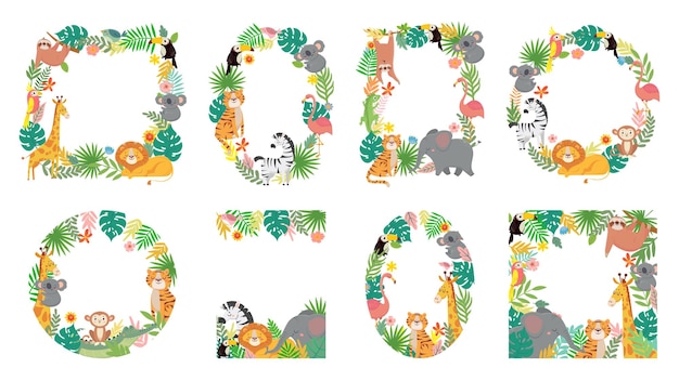 漫画の動物のフレーム 熱帯の葉のジャングルの動物 虎 ライオン キリン 象のイラストがセットされたかわいいフレーム プレミアムベクター