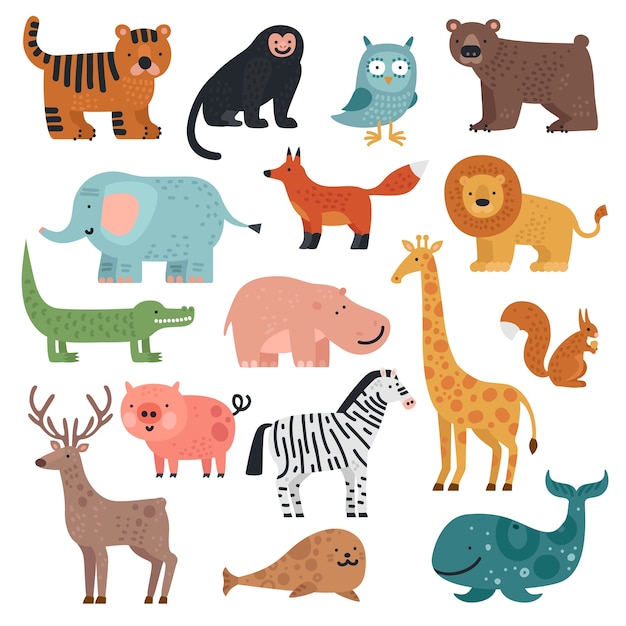 Premium Vector | Cartoon animals. tiger, monkey and bear, elephant and ...