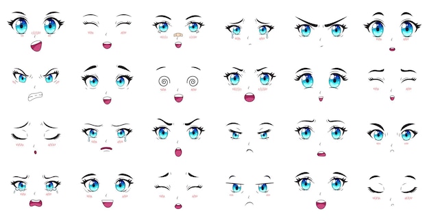 Premium Vector Cartoon Anime Characters Eyes Eyebrows And Mouth Expressions Manga Female Characters Faces Vector Illustration Set Anime Manga Girls Expressions Characters Cartoon Face Emotion