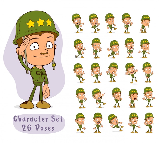 Cartoon army soldier boy big set for animation Premium Vector