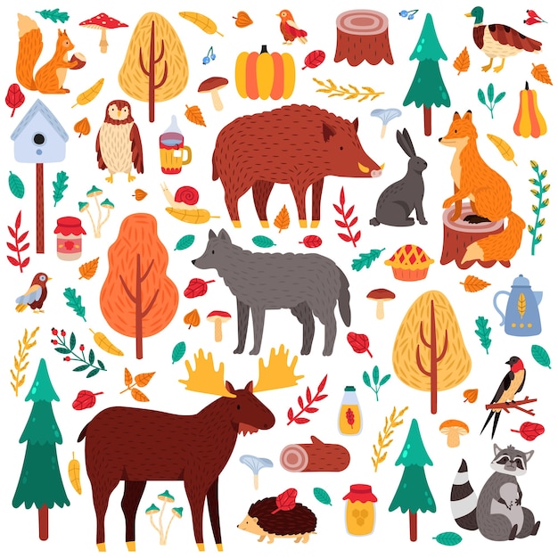 漫画の秋の動物 かわいい森の鳥や動物 ムースアヒルのオオカミ リス 野生の森の動物のイラストアイコンセット アライグマとブタ ウサギ 木の森 鳥とクマ プレミアムベクター
