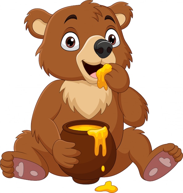Premium Vector Cartoon Baby Bear Sitting And Eating Honey From The Pot