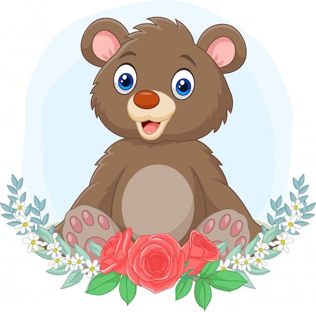 Download Cartoon baby bear sitting with flowers background ...