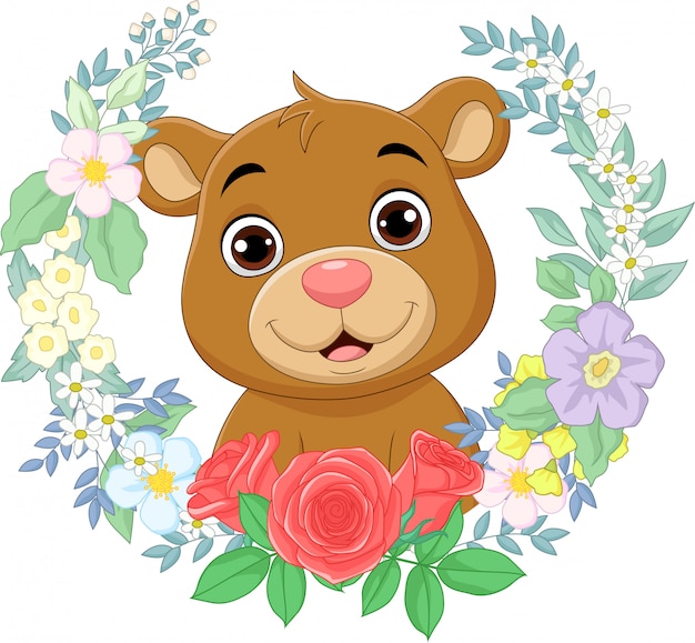 Download Cartoon baby bear with flowers background | Premium Vector