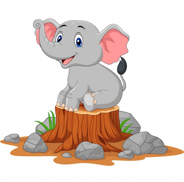 Download Cartoon baby elephant sitting on tree stump Vector ...